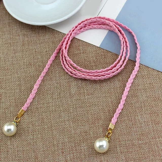 Women Belt Style Candy Color Waist Chain Hemp Rope Braided Big Pearl Dress Belt Casual Thin Belt For Dress Candy Color Women