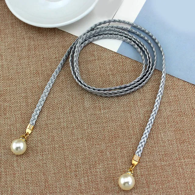 Women Belt Style Candy Color Waist Chain Hemp Rope Braided Big Pearl Dress Belt Casual Thin Belt For Dress Candy Color Women