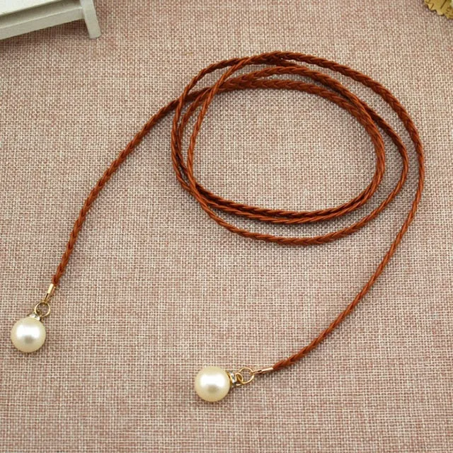 Women Belt Style Candy Color Waist Chain Hemp Rope Braided Big Pearl Dress Belt Casual Thin Belt For Dress Candy Color Women
