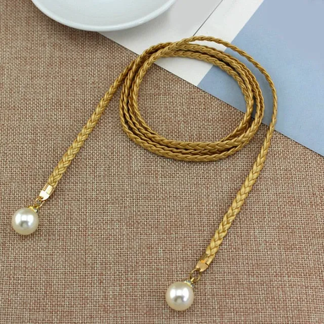 Women Belt Style Candy Color Waist Chain Hemp Rope Braided Big Pearl Dress Belt Casual Thin Belt For Dress Candy Color Women