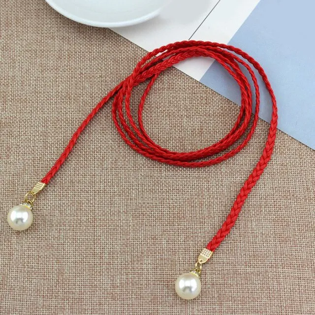 Women Belt Style Candy Color Waist Chain Hemp Rope Braided Big Pearl Dress Belt Casual Thin Belt For Dress Candy Color Women