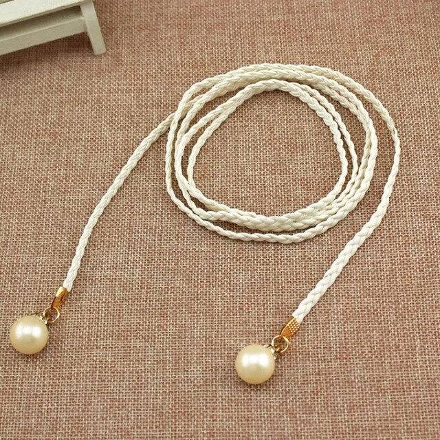 Women Belt Style Candy Color Waist Chain Hemp Rope Braided Big Pearl Dress Belt Casual Thin Belt For Dress Candy Color Women