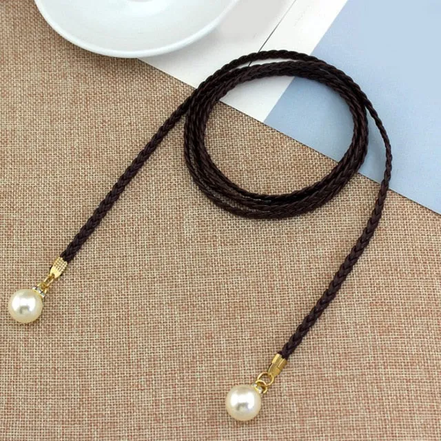 Women Belt Style Candy Color Waist Chain Hemp Rope Braided Big Pearl Dress Belt Casual Thin Belt For Dress Candy Color Women